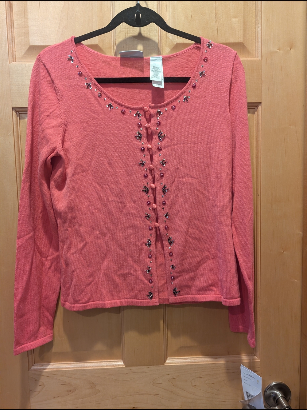 Women’s Embellished Hot Coral Pink Long-Sleeve Cardigan
